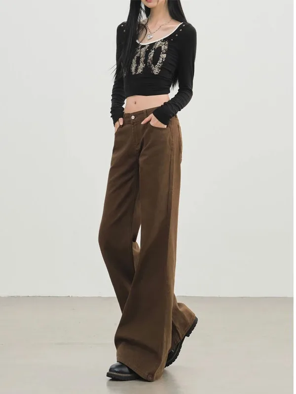 Jeans a Zampa Marrone per Donna, Autunno Inverno, Vita Bassa, Gamba Dritta, Stile Vintage con Chiusura a Zip, per Uso Quotidiano