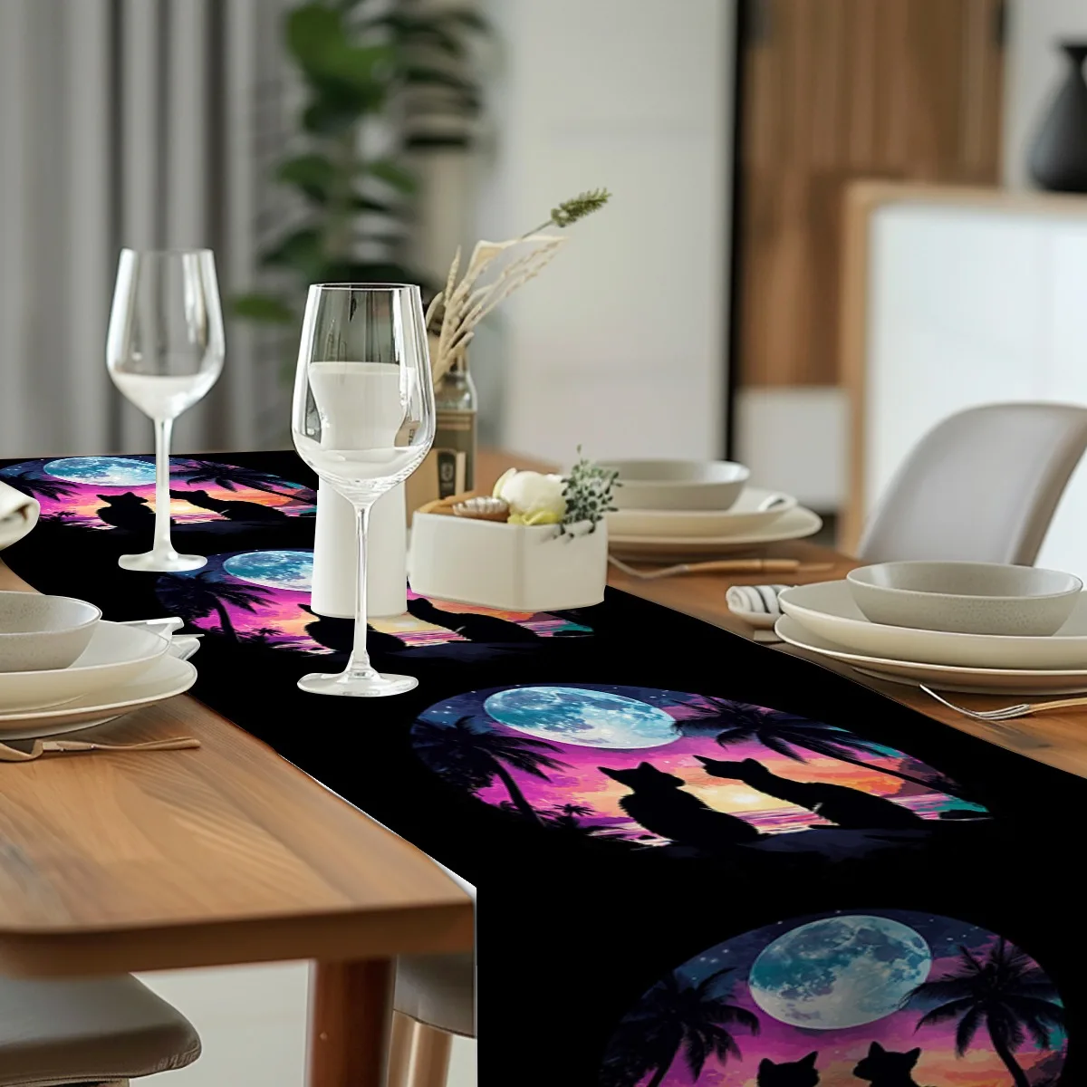 ديكورات مفرش طاولة غروب الشمس الاستوائي القطط صورة ظلية رومانسية نمط مفرش المائدة للمنزل المطبخ إعدادات الحفلات أفكار الهدايا ، Di #2