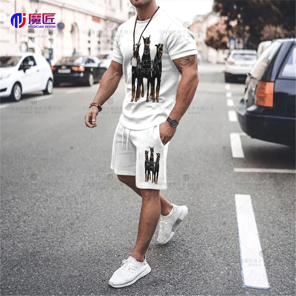 TIDESHEC Harajuku T-Shirt Set Men 2023 Summer Dog Letter Print T-Shirt and Shorts Hip Hop Street Loose Wash Top T-Shirt