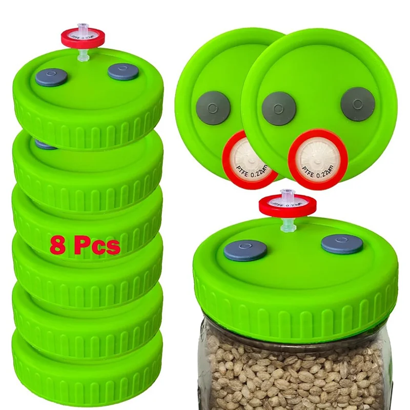 غطاء برطمان ميسون بلاستيكي واسع الفم (8 قطع)، مع فلتر حقنة PTFE 0.22Um ومنفذ حقن 20 مم، يتضمن أغطية الثقافة السائلة