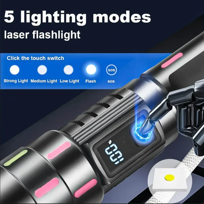 Tactical Flashlight 300m Ultra Long Distance Beam With 5 Lighting Modes Type-c Charging Waterproof Zoom Emergency Flashlight