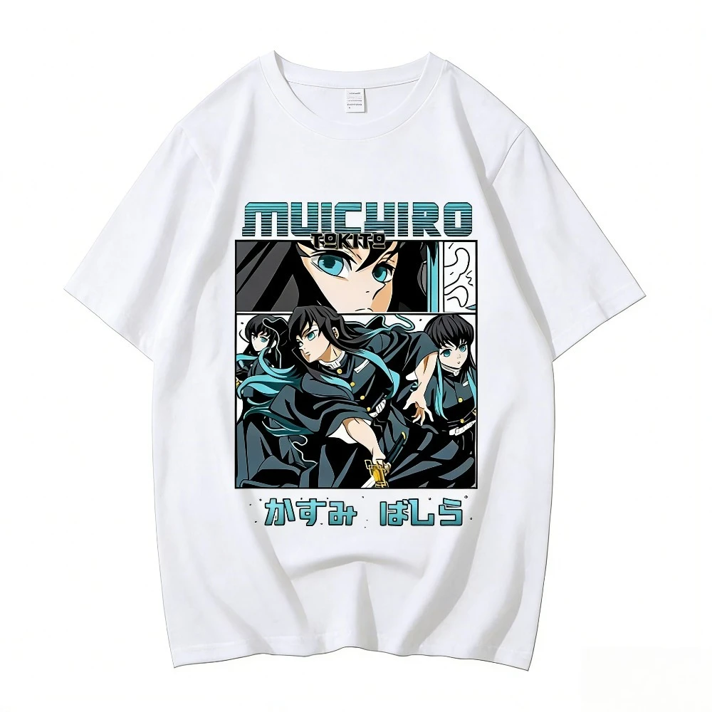 Camiseta de algodón puro Unisex Demon Slayer Muichiro Tokito, Top informal holgado con estampado de Anime para padres e hijos, Top de manga corta 2026