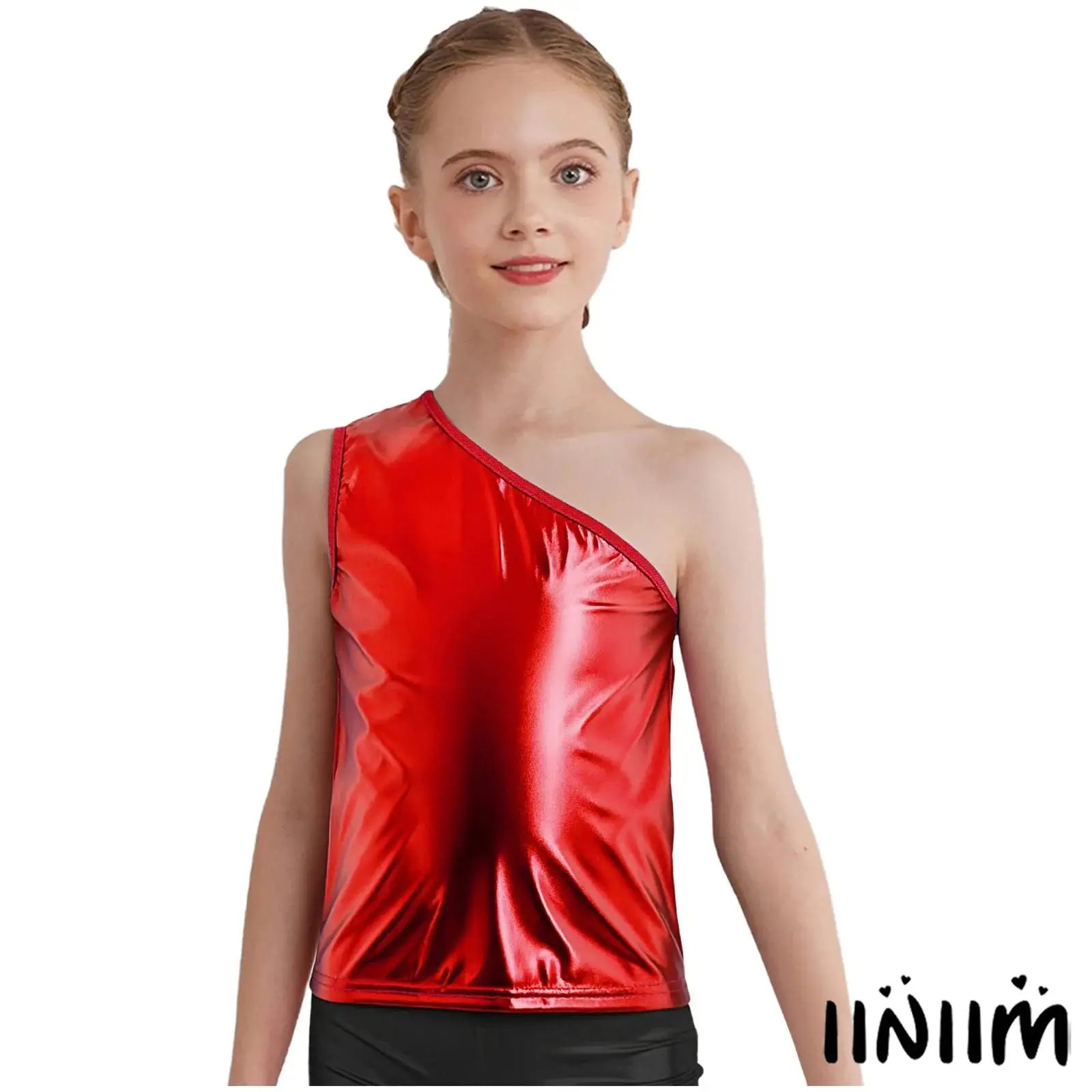 

Kids Girls Metallic Cheerleading Uniform One Shoulder Sleeveless Tank Top Jazz Dance Vest for Hip Hop Street Dance Performance