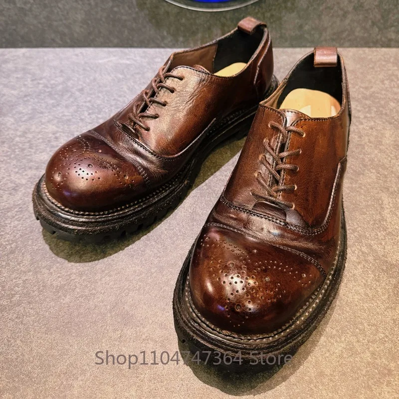 Washed Horsehide High-end Leather Shoes Men's Handmade Genuine Leather Work Oxfords Youth Thick Sole Casual Derby Shoes Male