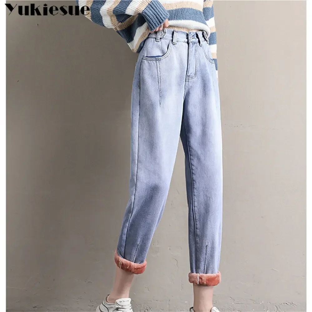 

2025 winter thick warm fleece womens high waist Women's boyfriend harem jeans baggy woman denim Pants jean mom jeans trousers