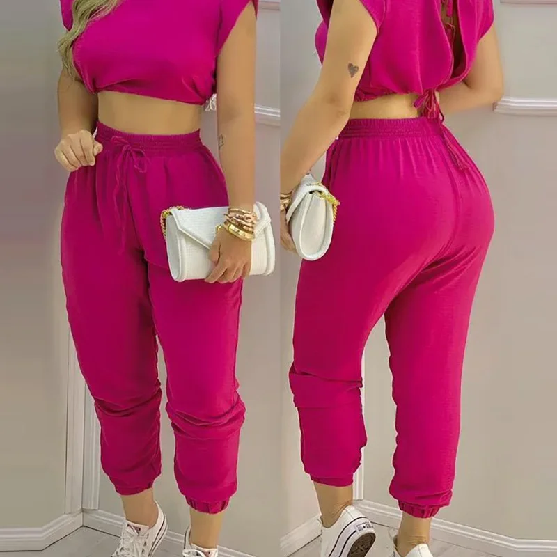 Fashion 2 Piece Set Women Outfit 2024 Summer Rose Red Casual Backless Lace Up Crop Top & High Waist Pocket Cuffed Pants Suits