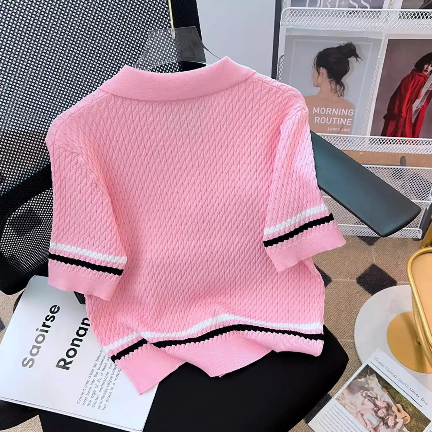 Femme 2025 New Korean Vintage Fashion Slim Buttons Knitting Top Tee Summer All-match Temperament Striped Women Clothing Sweater