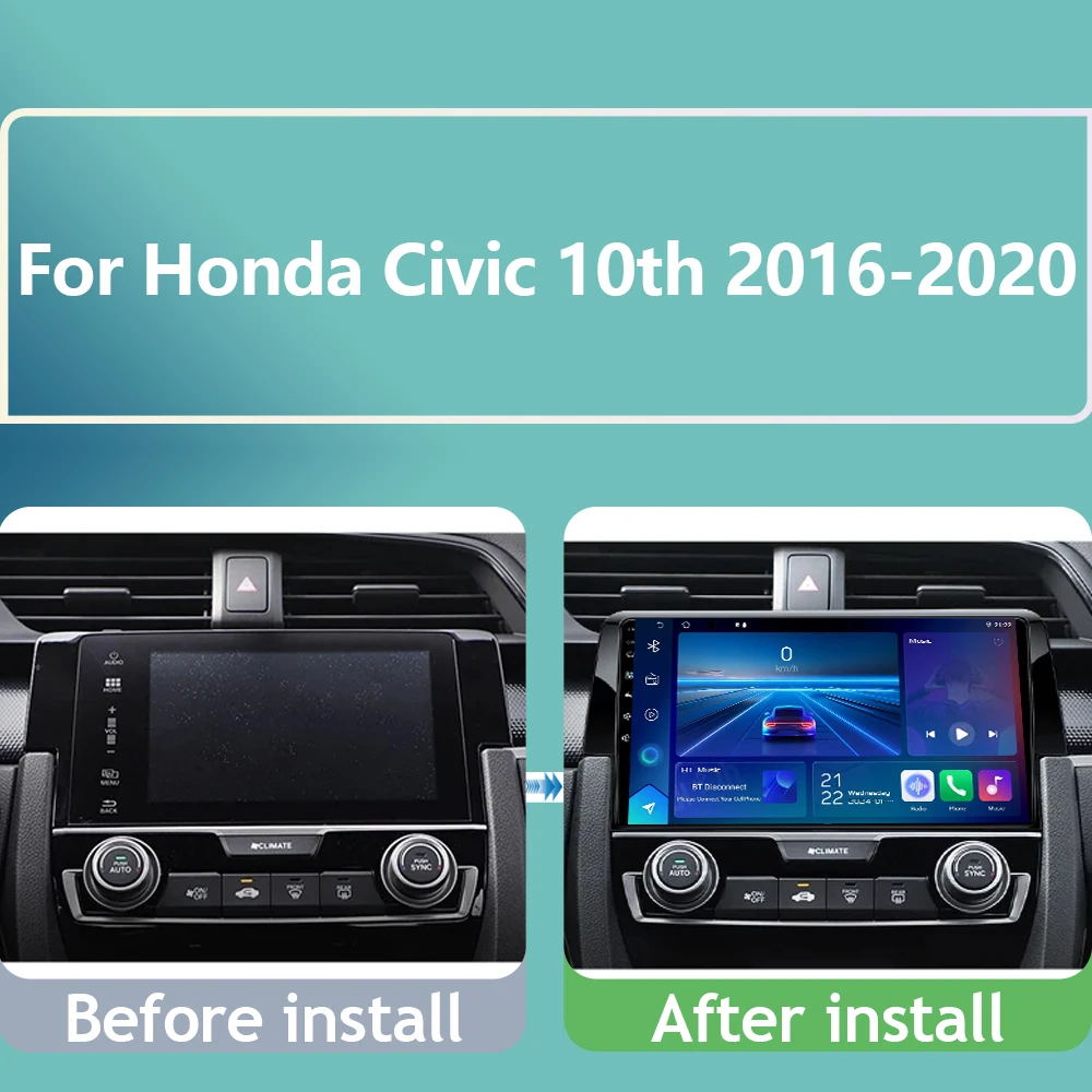 CarPlay 8 Core For Honda Civic 10th 2016 2017 2018 2019 2020 Android 16 Car Radio Multimedia Video Player GPS 4G DSP QLED 2din