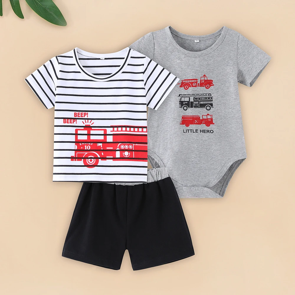 

Little Boys 3-Piece Firetruck Short Set Wholesale Infants T-shirt Romper and Short Pants Clothes Suit