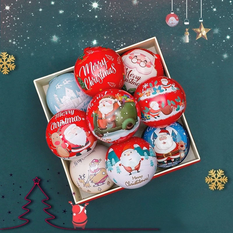 Christmas Sphere Storage, Round Gift Box Ribbon Handle Holiday Treats Decor,Festive Printed Organizer Candy Jewelry Party Favors