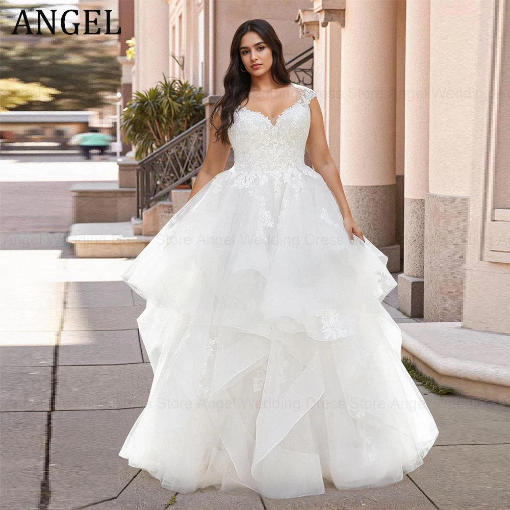 ANGEL Exquisite A-Line Plus Size Wedding Dresses Customized V-Neck Lace Up Tulle Lace Long Bridal Gowns Train Vestidos De Noiva