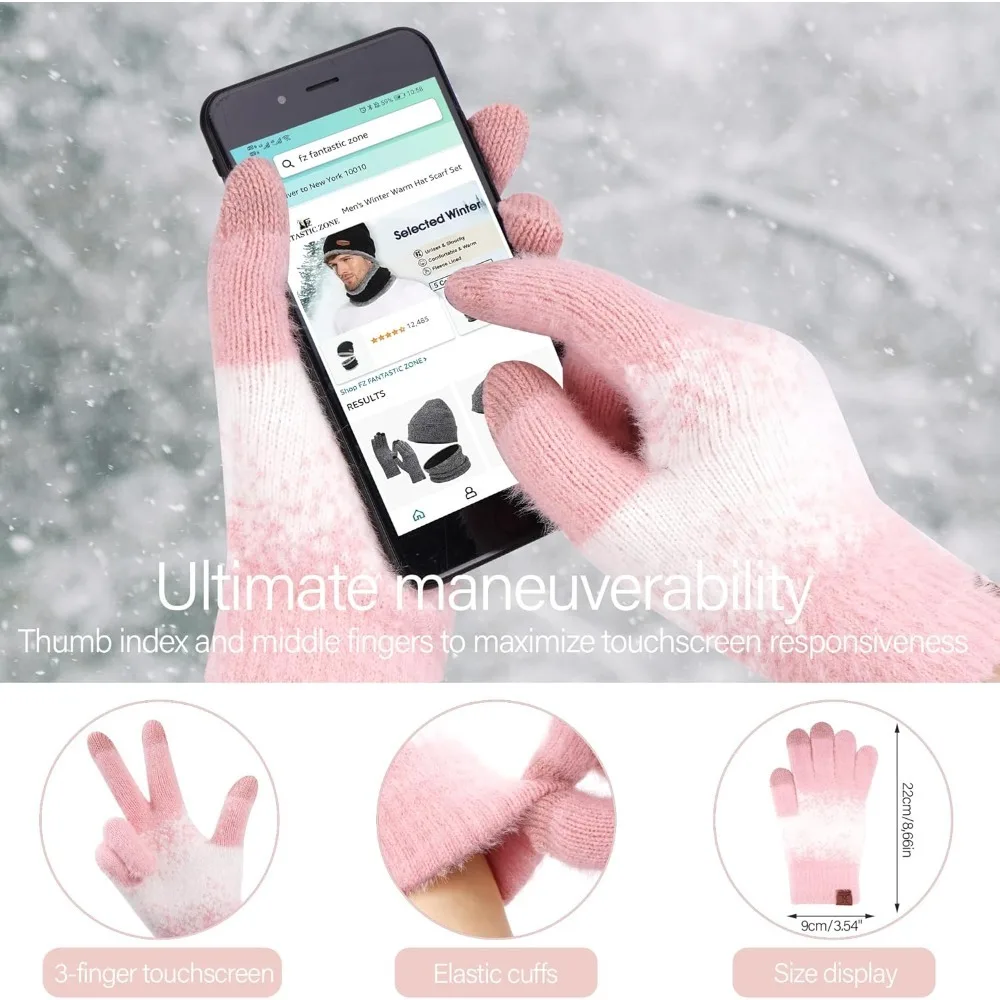 المرأة الشتاء قبعات صغيرة متماسكة وقفازات لمس وشاح طويل مجموعة مع الدافئة صوف مبطن قبعات الجمجمة الأوشحة للنساء