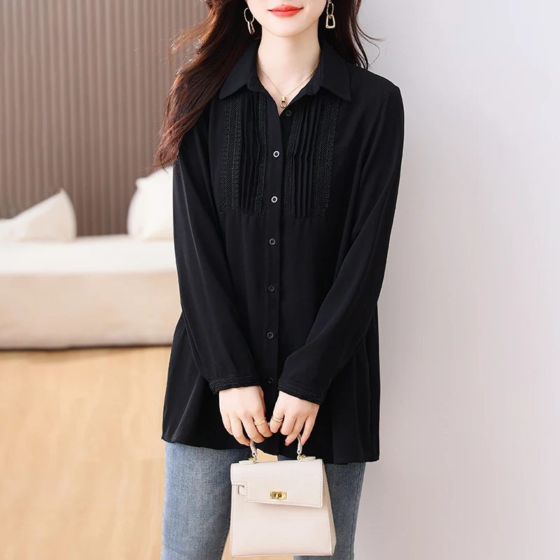 

2023 Autumn New Women's Black Stripe Pleated Silk Polo Neck Shirt Casual Long Sleeve Loose Large Slim Solid T-shirt Top