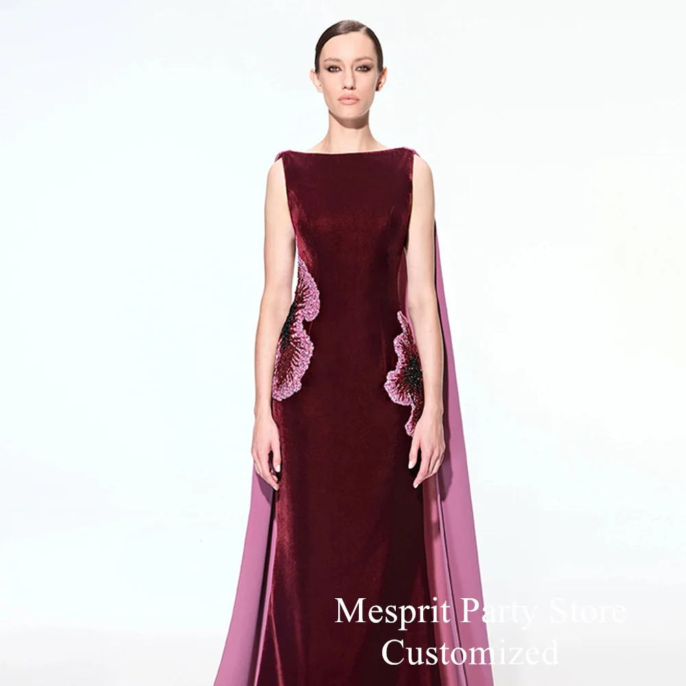 فستان حفلة موسيقية من القطيفة باللون العنابي مفتوح الظهر مخصص برقبة قارب مطرز بالترتر لحفلات السهرة مع فساتين سهرة للرقص على الرأس #3