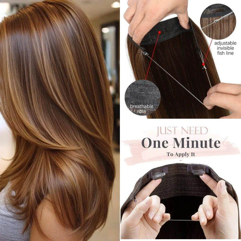 

Наращивание волос One Piece Fish Line, 100% натуральные человеческие волосы, 12-26 дюймов # 99J для уникального цветового решения