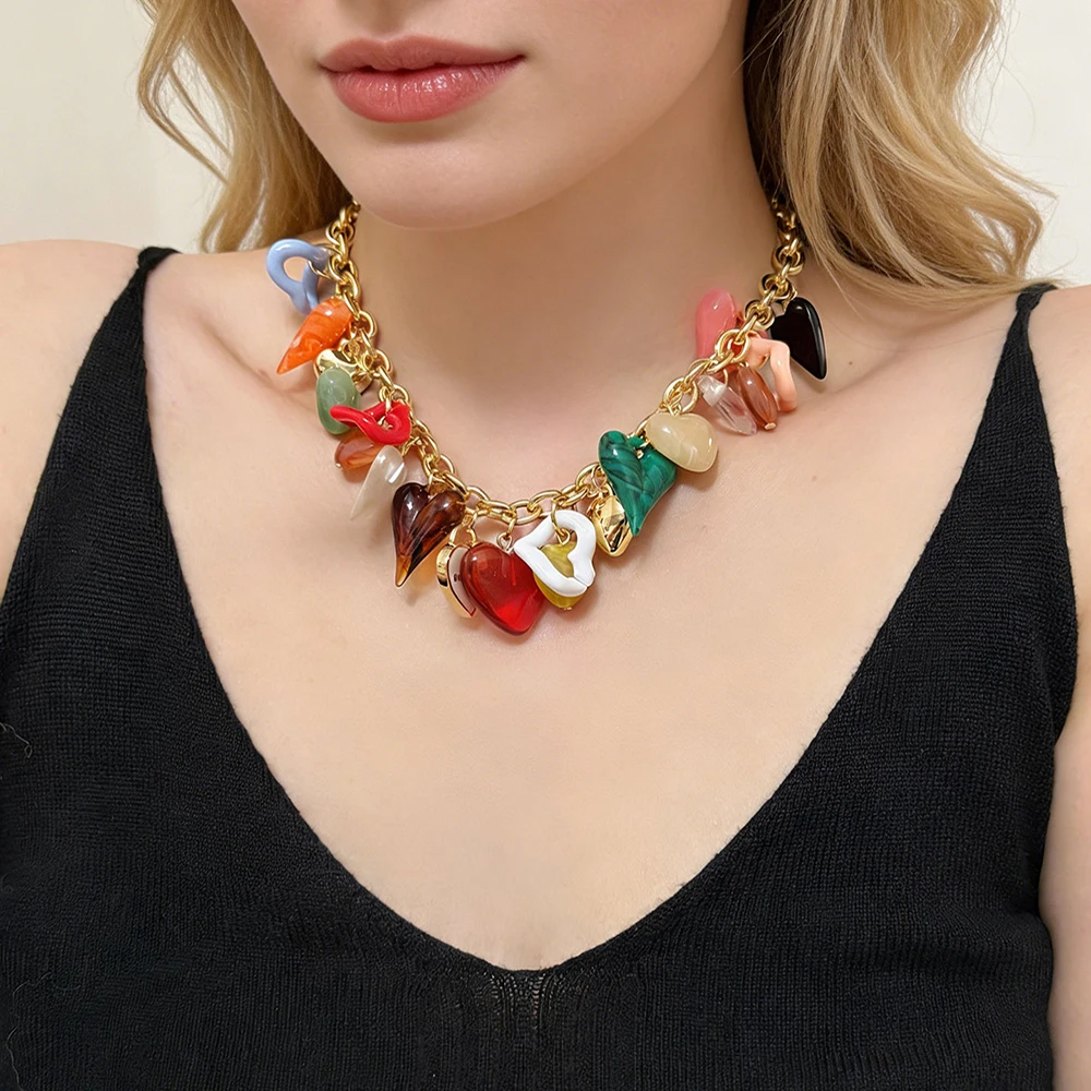 Fashion Vacation-Style Colorful Resin Heart-Shaped Pendant Necklace Women Individual Necklace Trendy Jewelry Accessory - view 2