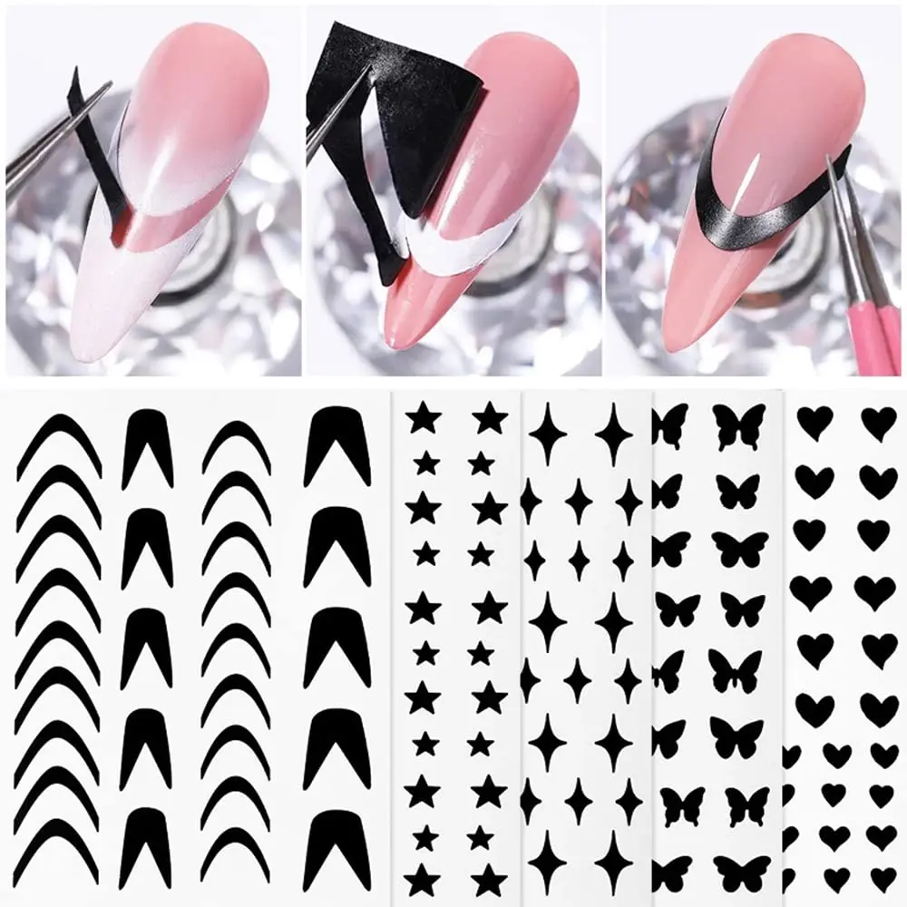 French Strips Airbrush Nail Art Stickers Stencil Heart Star Butterfly Design Decals Self-Adhesive Slider for Acrylic Nails Decor