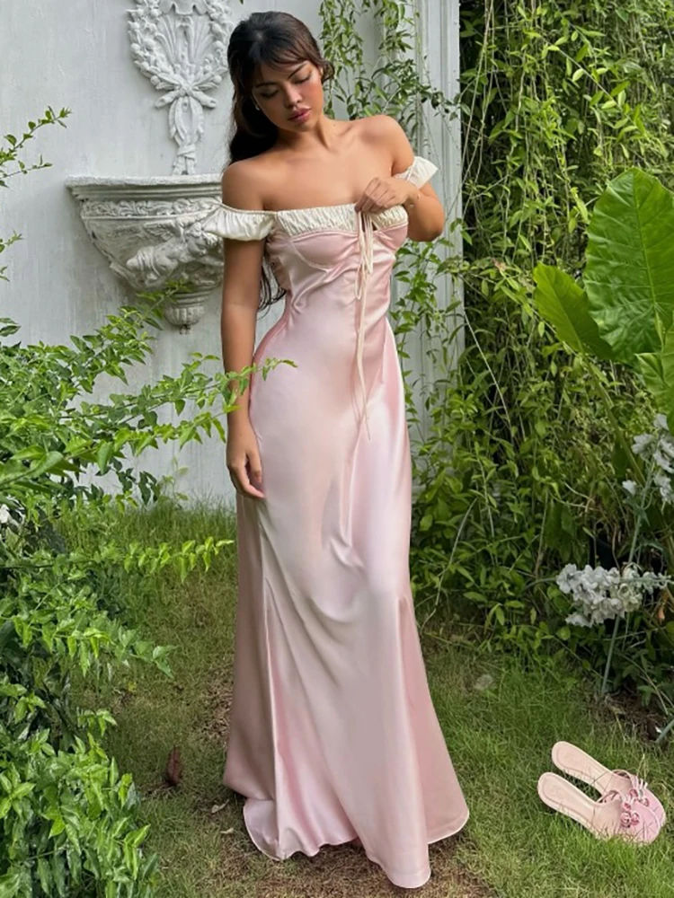 JULISSA MO Sexy Off Shoulder Lace Up Women Maxi Dress Pink Puff Sleeve High Waist Dress Summer Slim Elegant Party Clubwear 2024