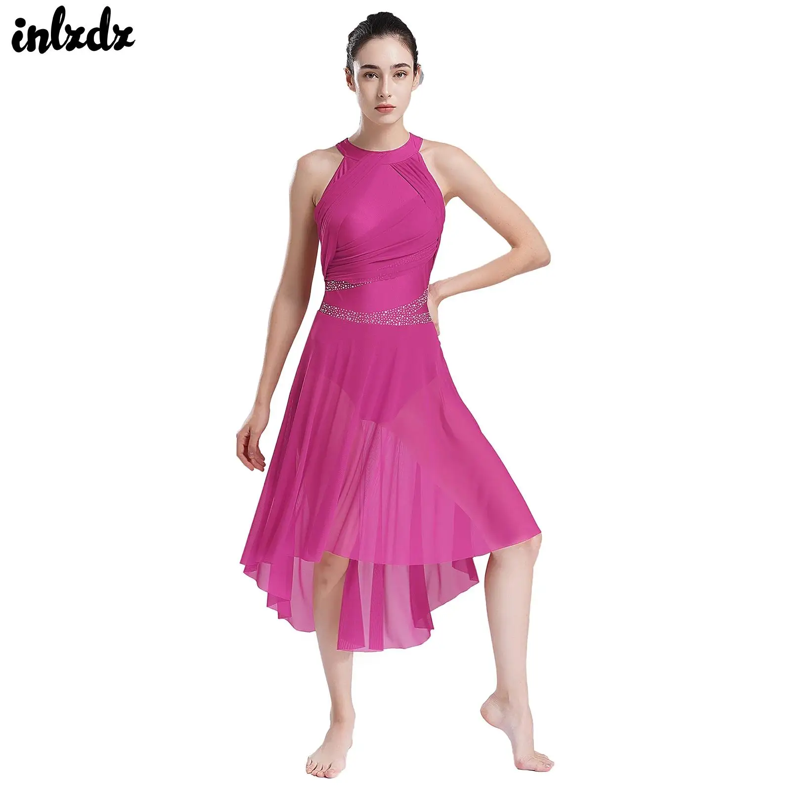 

Womens Artistic Skating Costume Ruched Dress Sparkly Rhinestones Asymmetrical Hem Gymnastics Ballet Lyrical Modern Dance Dresses