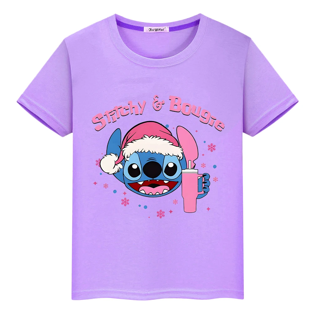 Christma Print 100%Cotton Short Tops y2k one piece Stitch t shirt for kids boy 10year Anime Tees Kawaii tshirt kids clothes girl