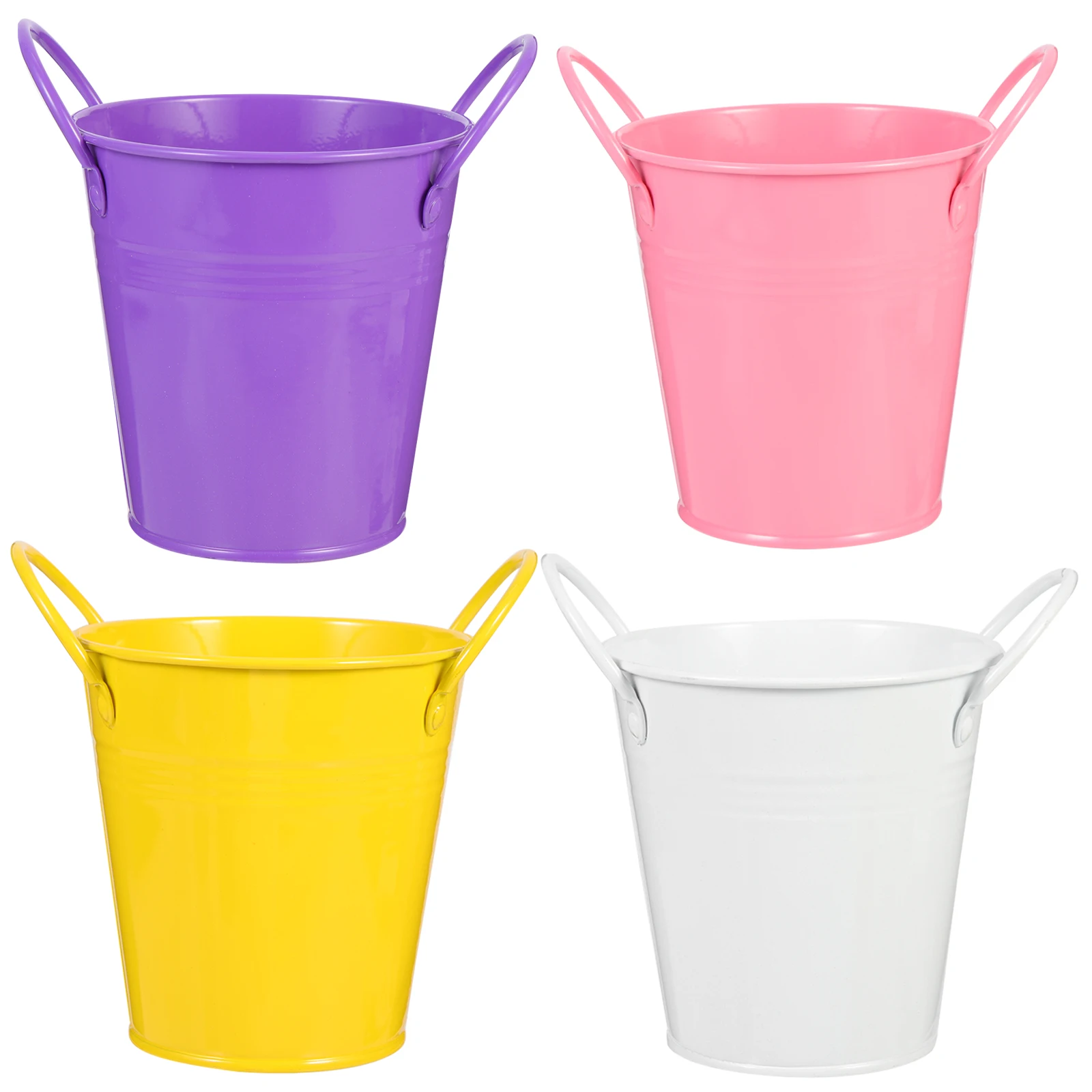 

4 Pcs Iron Flower Bucket Set Galvanized Plant Pots with Handles for Home Decor Flower Pot Garden Supplies White Yellow Pink