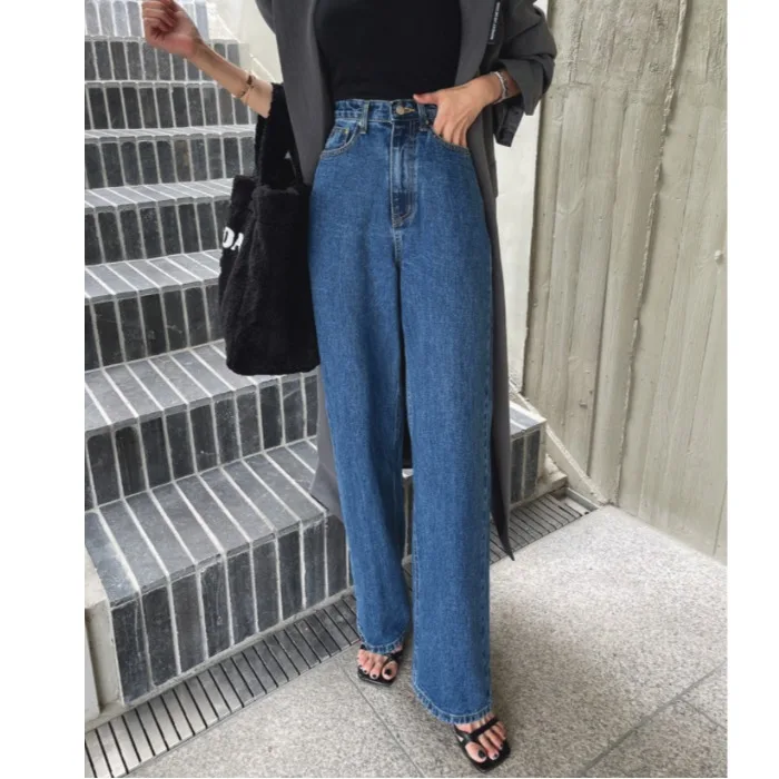 

High Waist Straight Leg Wide Leg Jeans Non Picky Leg Shape Blue Long Pants Women's Fashion Autumn Season All Ages