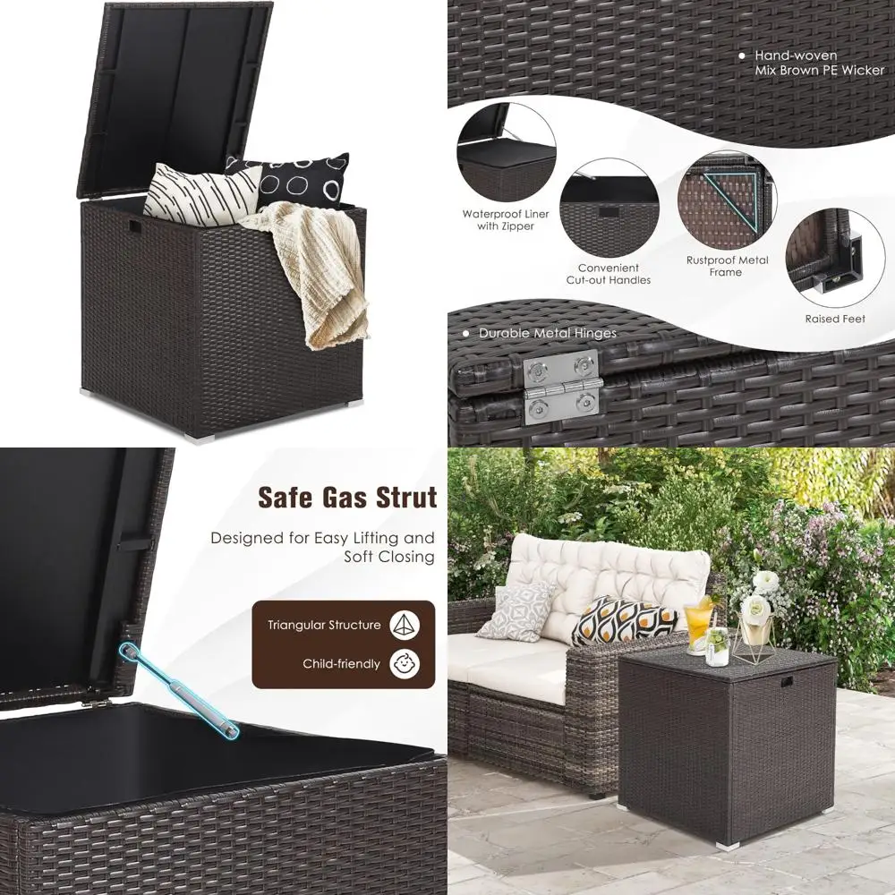 

72 Gallon Outdoor Wicker Storage Bin Waterproof Zippered Liner Gas Strut Delivery Included