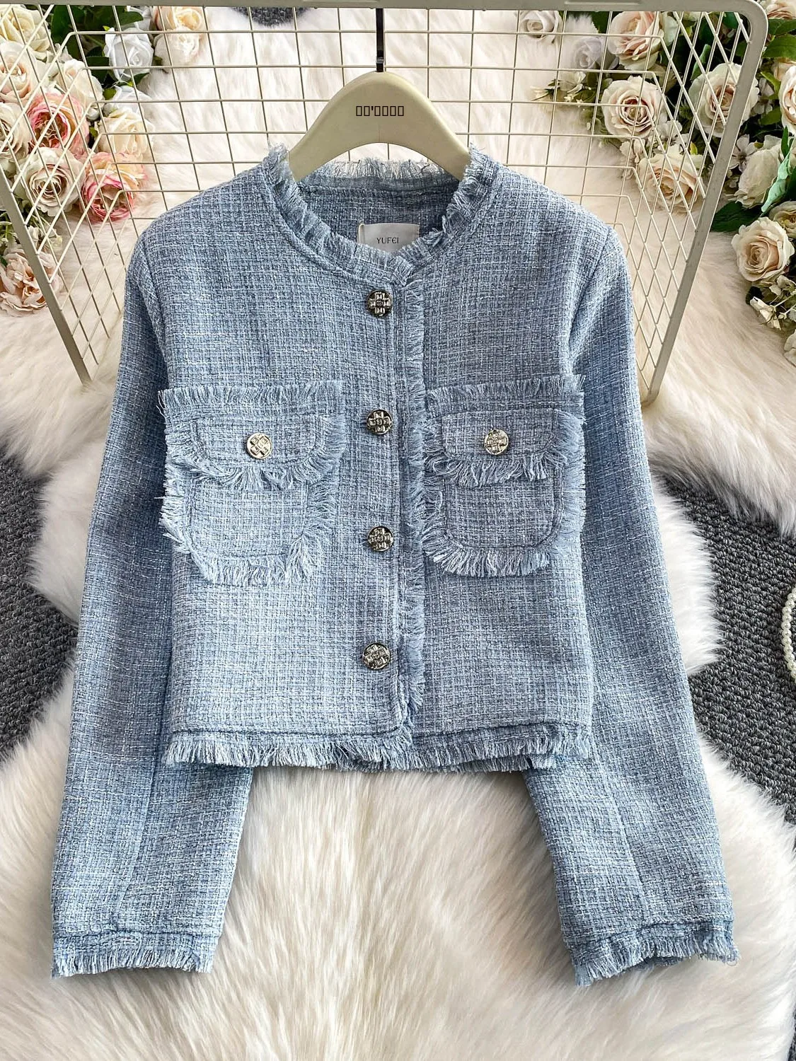 

Ele Fringed Tweed Jaet Women's Sli Unique Beautiful Single Button Winter Coat Commute Sle Slim Fit ort Length