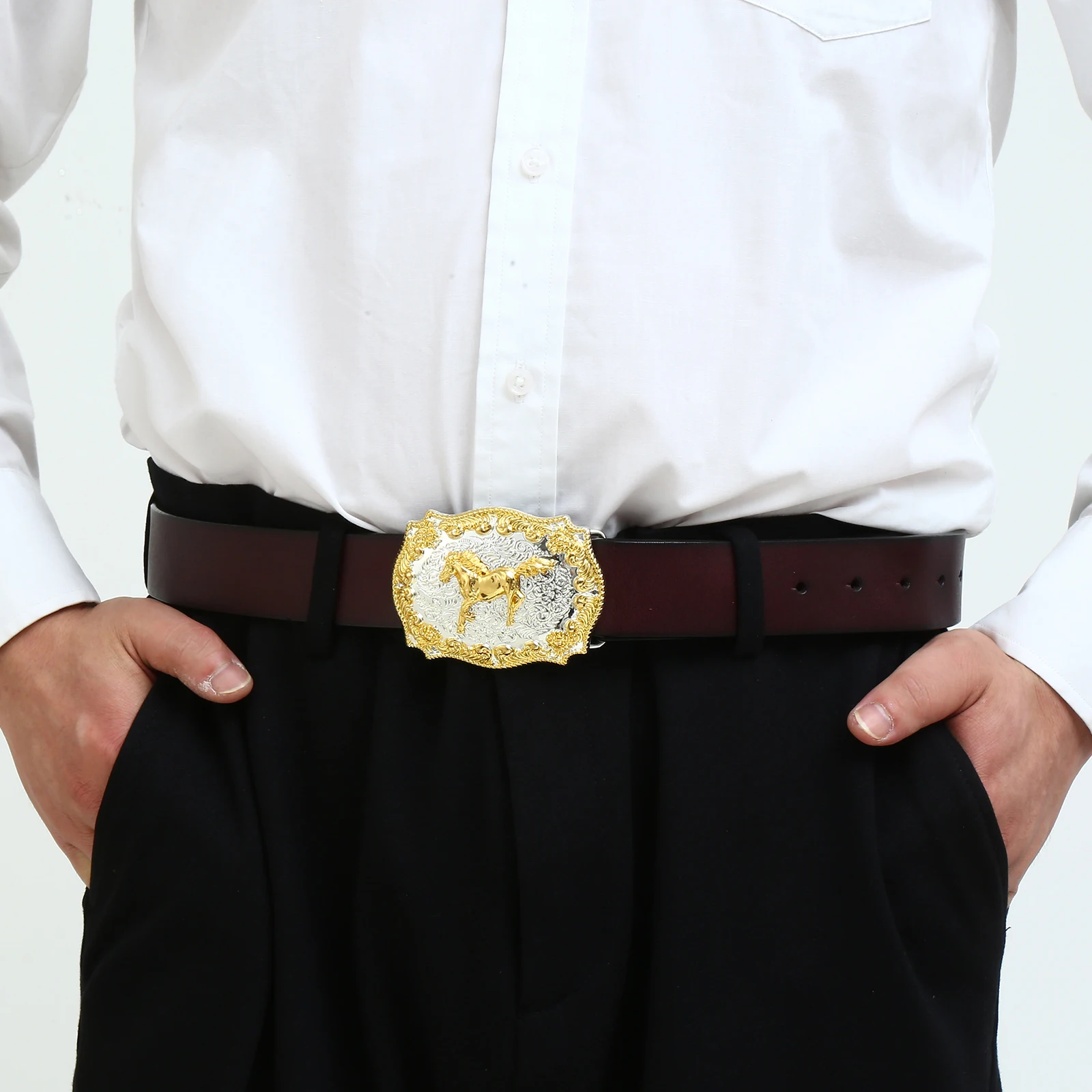 

Western denim zinc alloy men's two-tone animal leather belt with jeans accessories simple and versatile