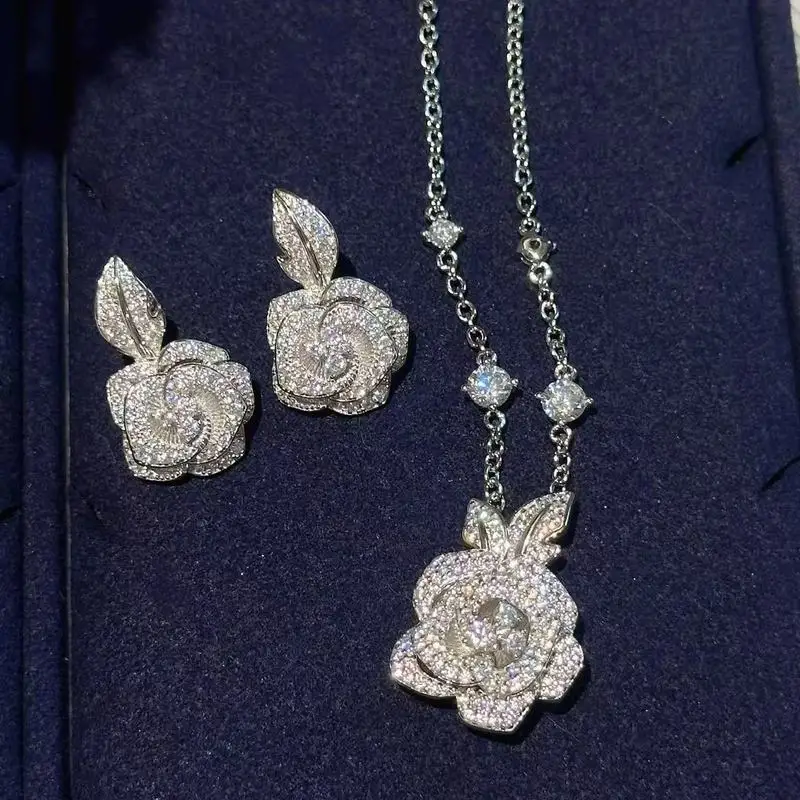 925 sterling silver light luxury high-end micro inlaid zircon rose leaf earring necklace with delicate flower necklace set
