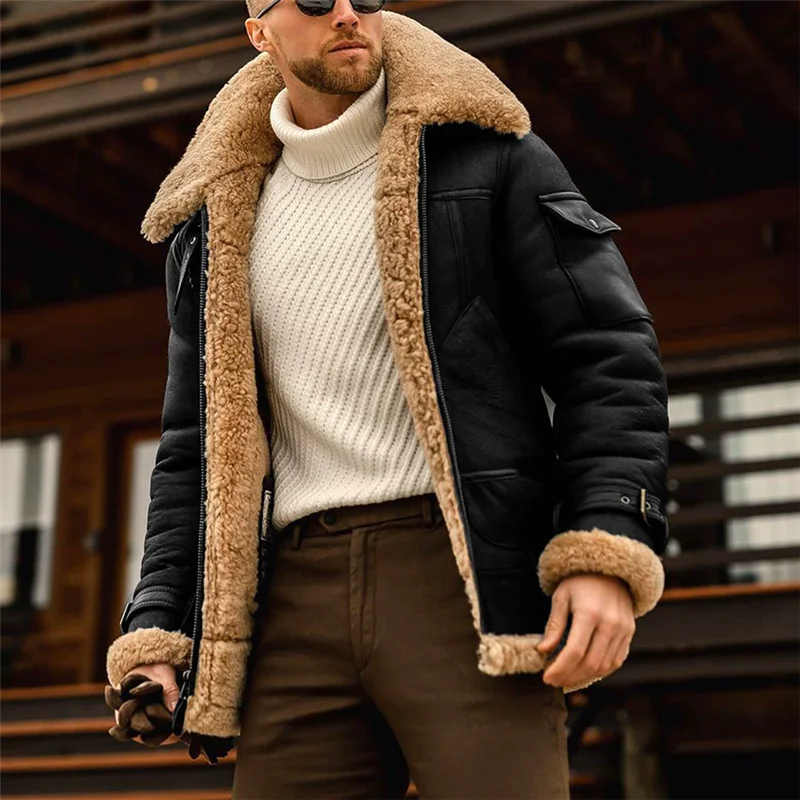 الشتاء فو سترات من الجلد الرجال الصوف رفض طوق دراجة نارية معطف الصلبة الذكور الدافئة سميكة يندبروف سستة أبلى غير رسمية #4