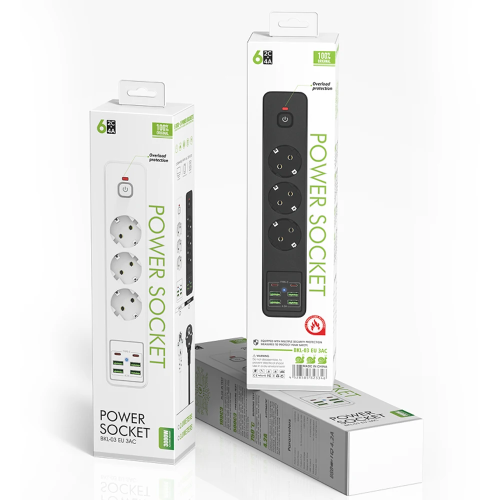 3000W EU Plug Strip USB Power Strip With Overload Protection 4USB 2Type C Charger Hub 2m Extension Socket With Switch
