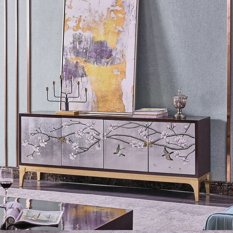 

！@Modern Simple Chinese Style Solid Wood TV Stand Silver Foil Coffee Table Luxury Living Room Furniture Baked Paint Home Furnitu