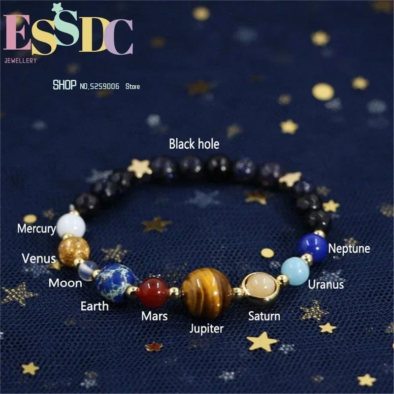 Handmade Universal Galaxy Guardian Star Eight Planets Blue Sandstone Bracelets Solar System Reiki Jewelry Gift for Women or Men