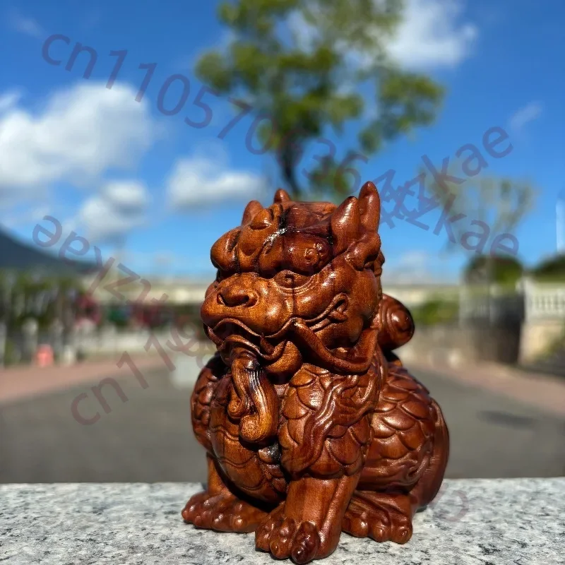 Hand-Carved Jujube Wood Kirin Statue - 3.9