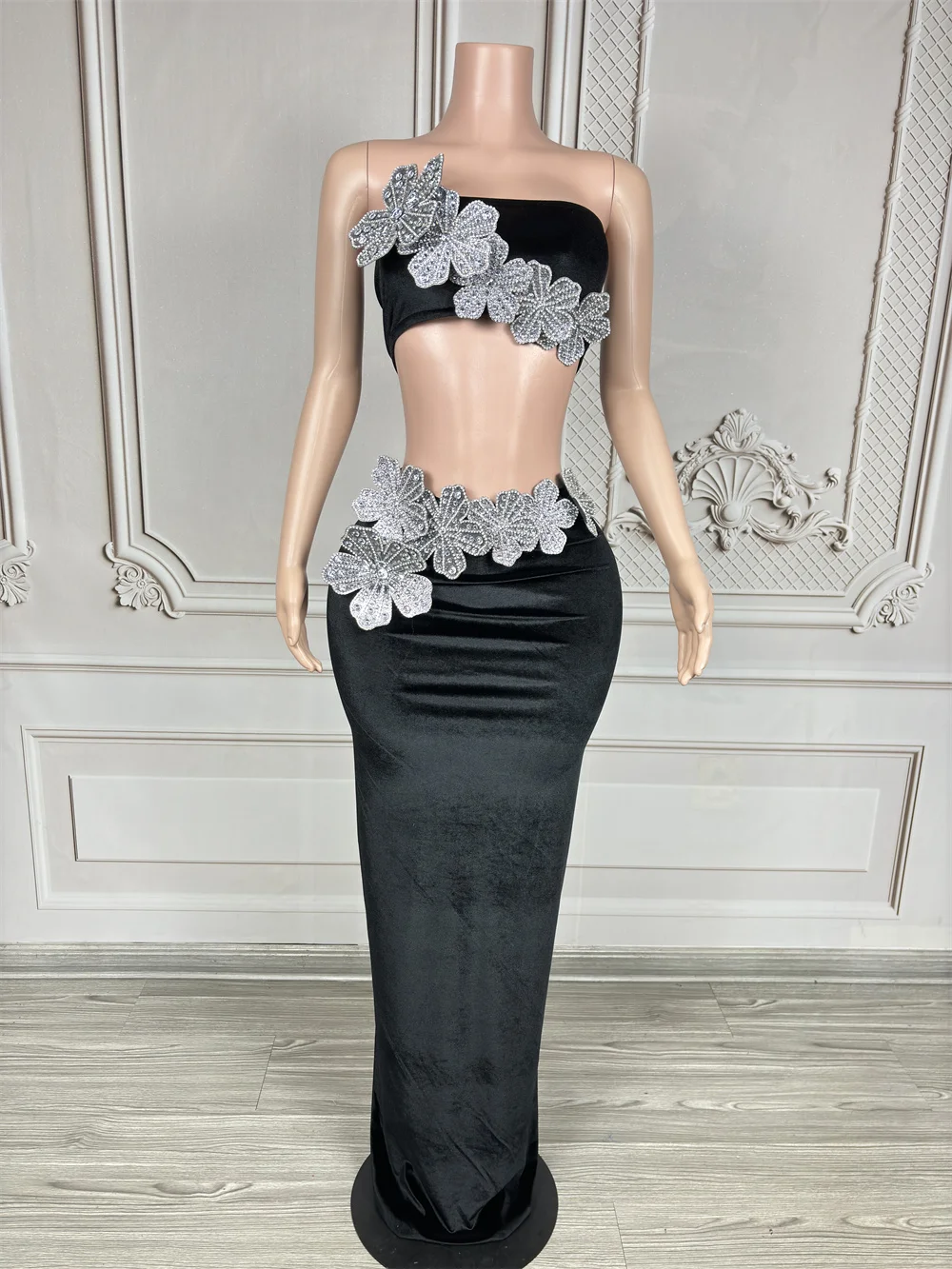 Women Sexy Strapless Flower Diamond Crystal Black Maxi Long Velvet Skirt Set 2024 Elegant Gowns Evening Club Party Stage Costume