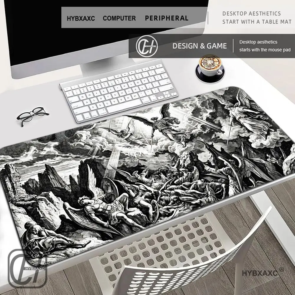 

HYBXAXC Angel Battle Engraving Art Mouse Pad Black White Anti-Slip Desk Mat Extended Gaming Keyboard Mats Large Gamer Mousepad