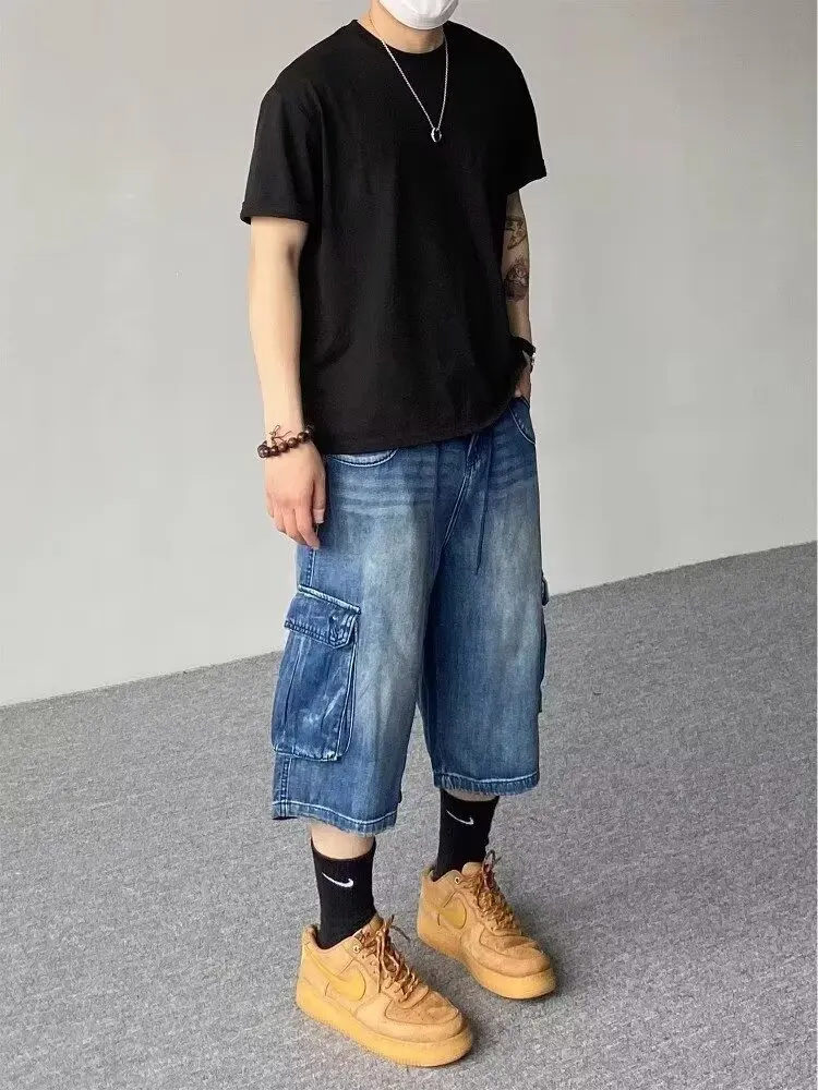 

Summer American Waed Loose Multi-ket Denim Seven-Foot Pants ex Trendy Straight Legged Street Wide Leg orts