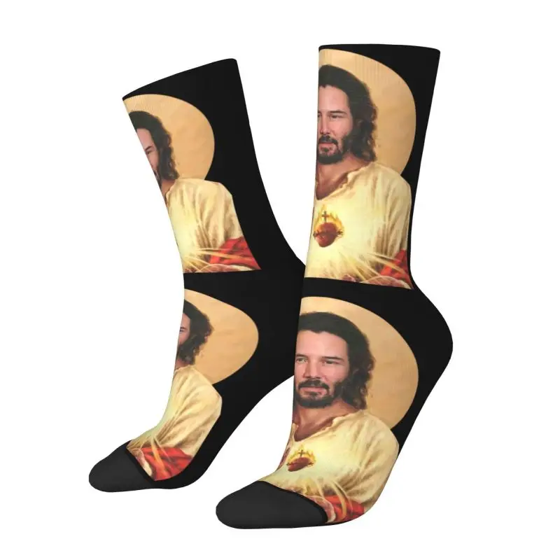 Legal Imprimir Saint Keanu Reeves Meias para Mulheres Homens Stretch Verão Outono Inverno Meme Jesus John Wick Crew Socks