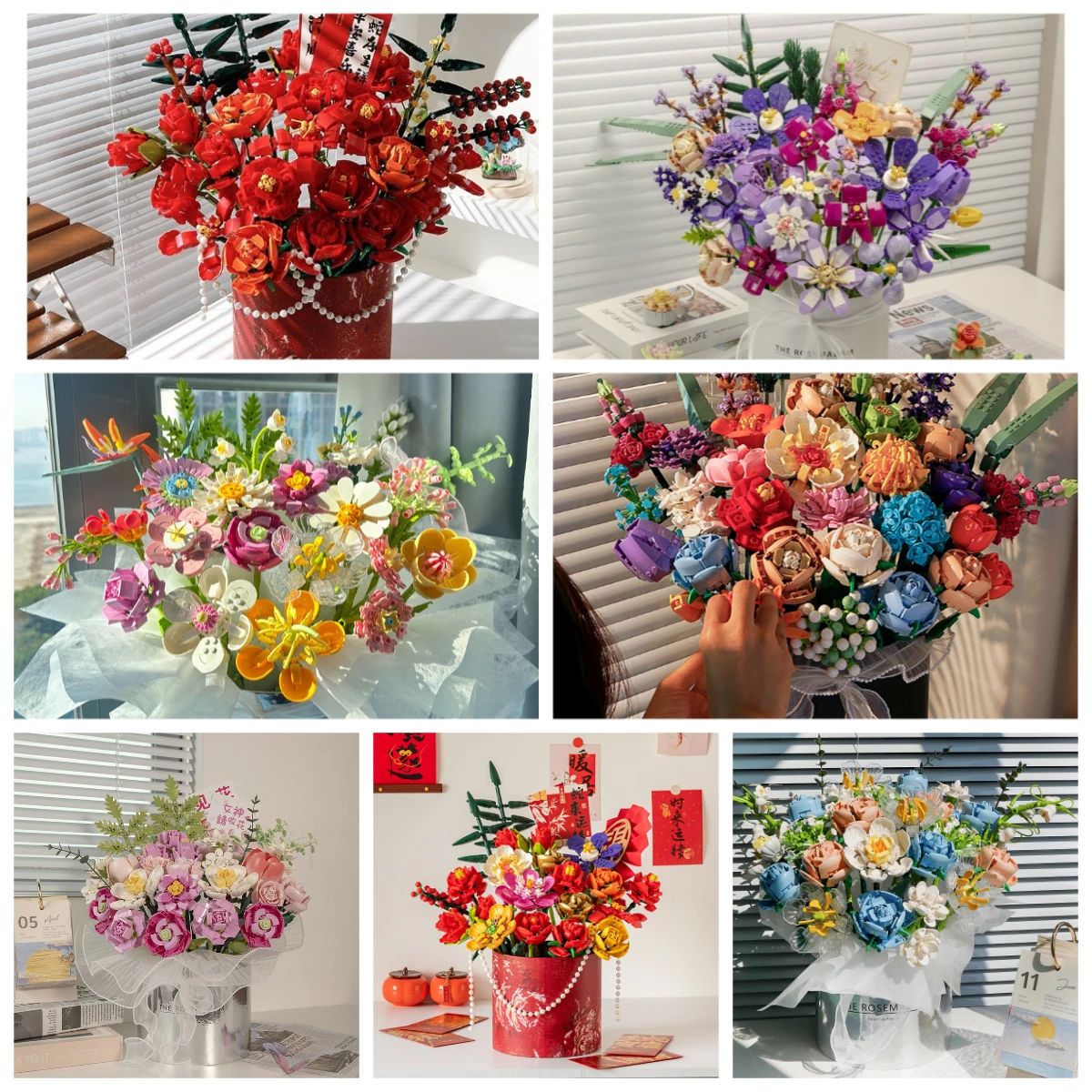 

MOC 62cm Height 2025 New Wedding Artificial Flower Rose Building Blocks Set Lucky Bucket Happiness Plant Girl Toys Birthday Gift