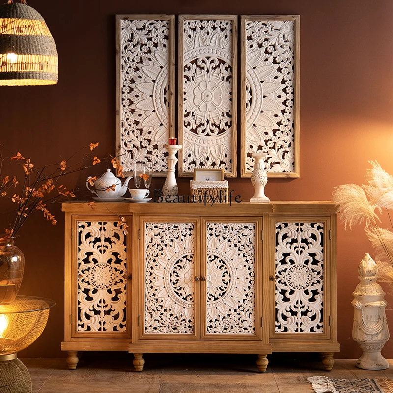 

American Retro Carved Sideboard Solid Wood Vintage Entryway Cabinet Living Room TV Decoration Wine Cabinet