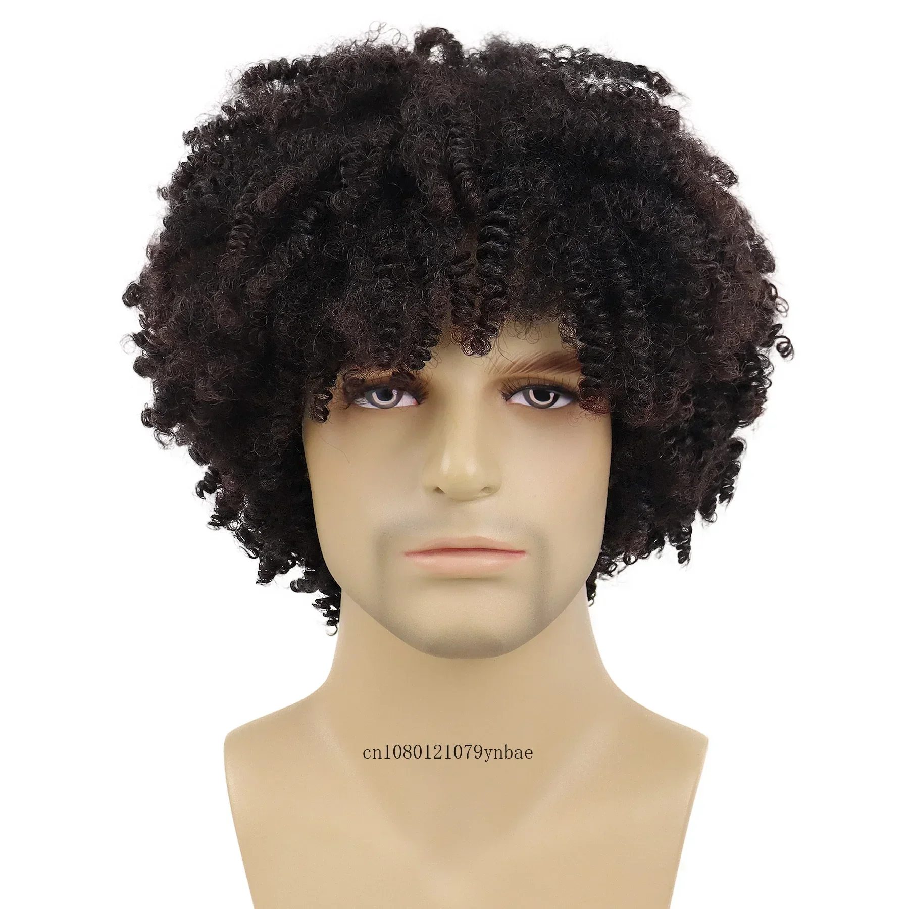 Bouncy Short Dark Brown Wigs Synthetic Hair Afro Kinky Curly Wig with Bangs for Black Men Male Dreadlocks Daily Cospaly Costume