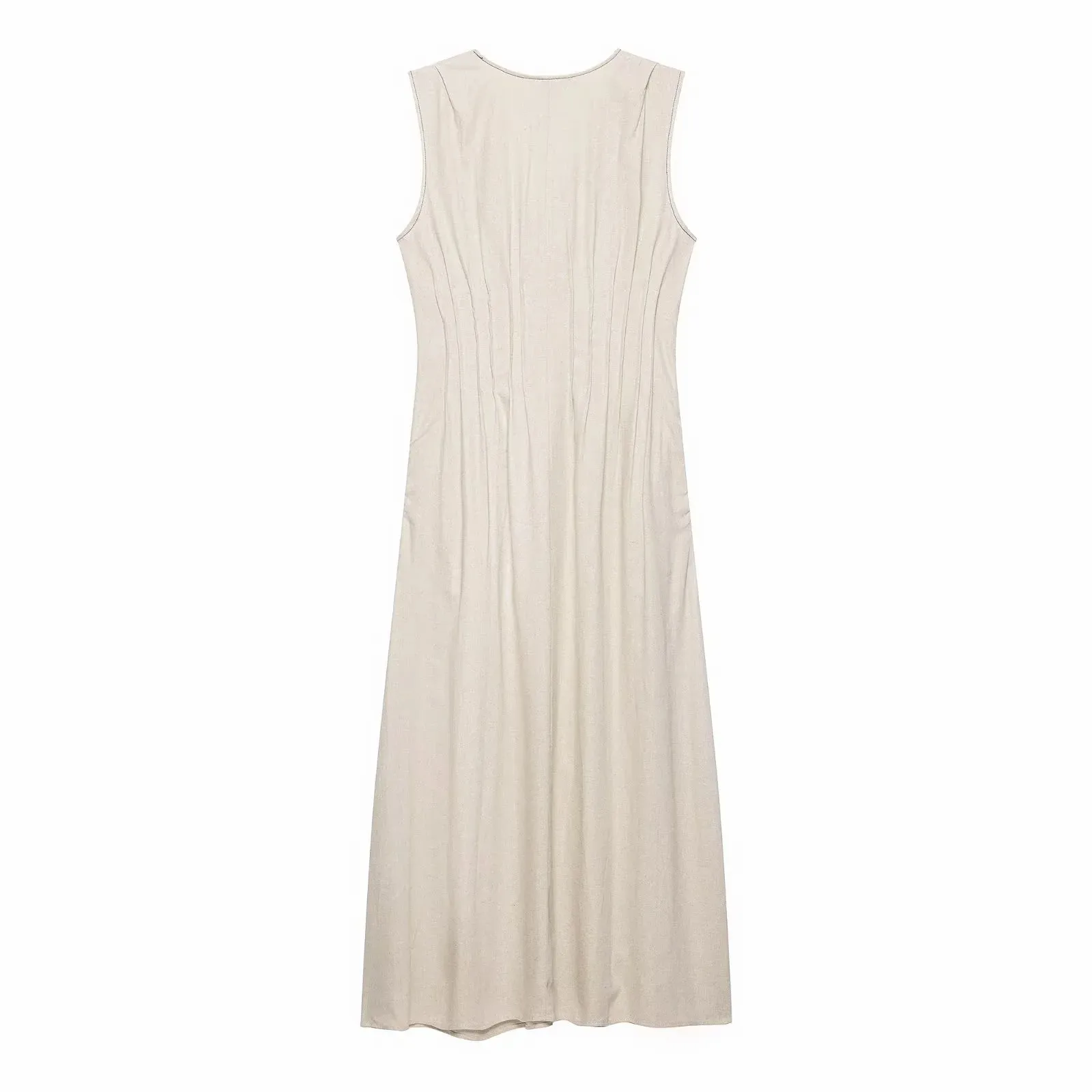 Damenmode Ärmelloses Midikleid mit tiefem V-Ausschnitt, Kordelzug, Perlen und plissierter Taille, Sommerliches, lässiges A-Linien-Maxikleid für Damen. – Detail 6