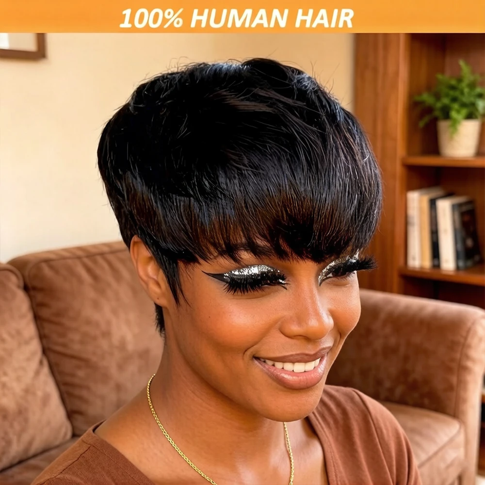 

Short Pixie Cut Wig Human Hair, 180% Density Brazilian Remy Wig with Bangs, Glueless Short Straight Wig for Women, Black Machine