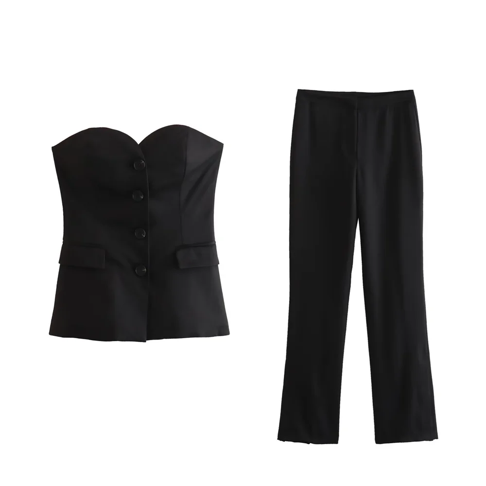 PB&ZA 2024 Spring New Women\'s Fashion and Versatile Underwear Tank Top+Split Leg Straight Leg Trouser Set