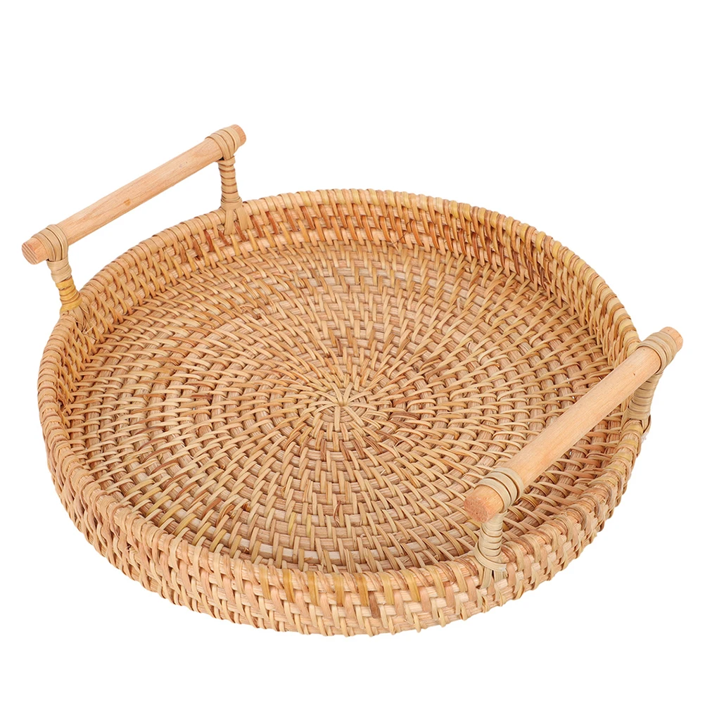 

Rattan Tray Round Woven Basket Wicker Bread Platter Serving with Handle Storage