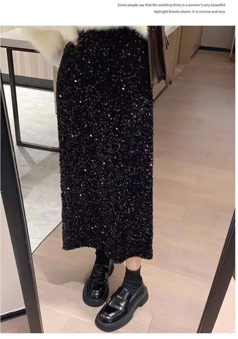Women's Sexy Sequins Long Skirt Ladies Elegant Vintage Elastic High Waist Black Back Slit Shiny A Line Skirts Faldas Larga