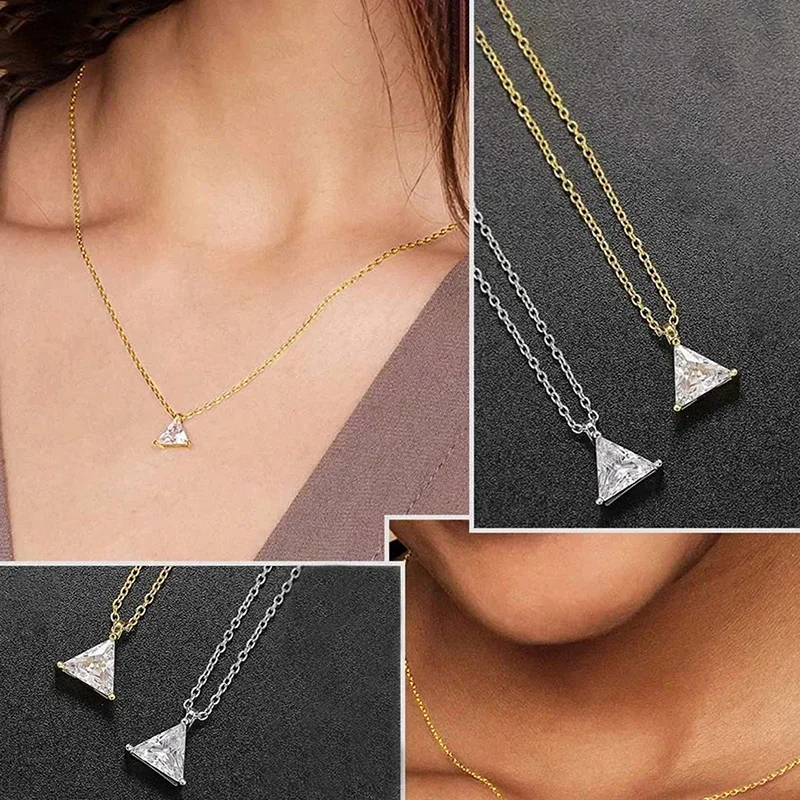 Huitan Dainty Triangular Pendant Necklace for Women Shiny Sparkling Neck Accessory Trendy Graceful Temperament Jewelry for Party