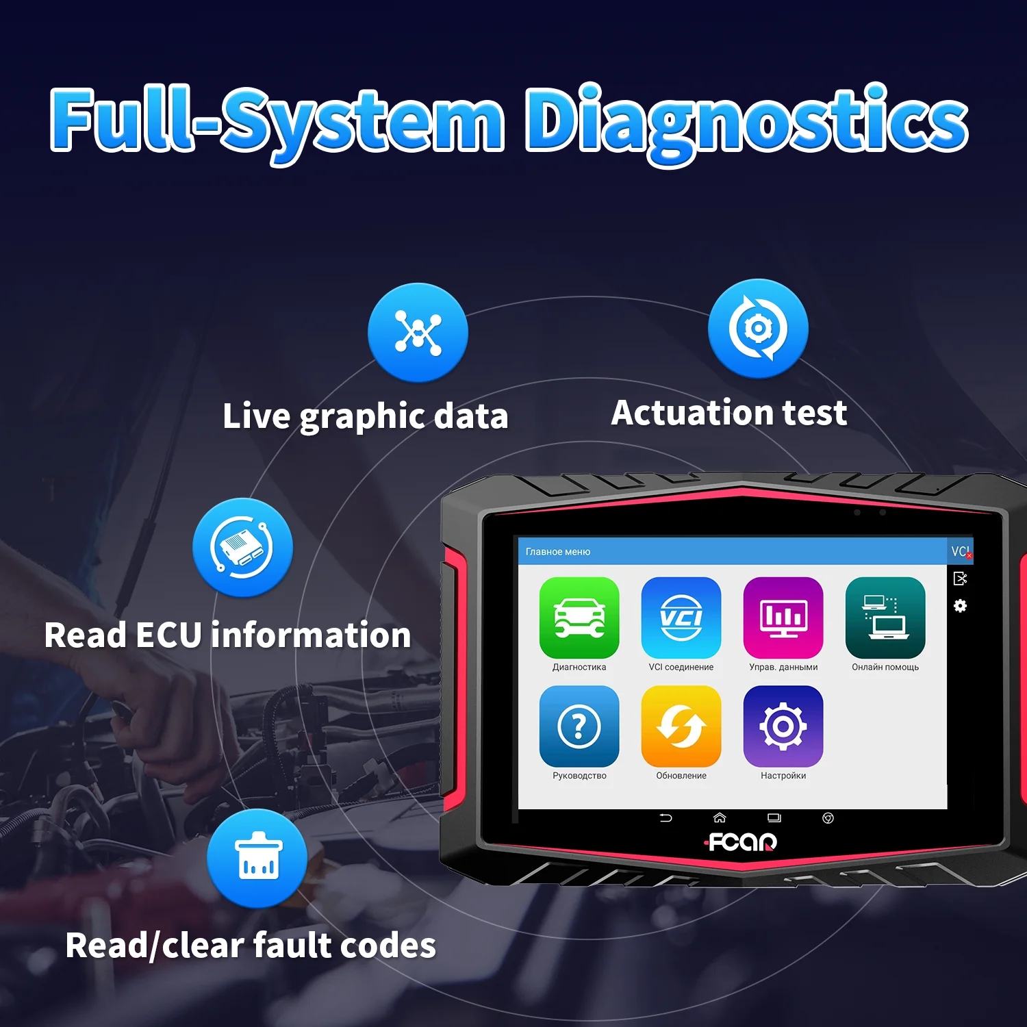 Fcar F508R-E Diagnostic Tool ABS ECU DPF Reset Professional Heavy Duty OBD2 Scanner For 24V European Truck Russian Version