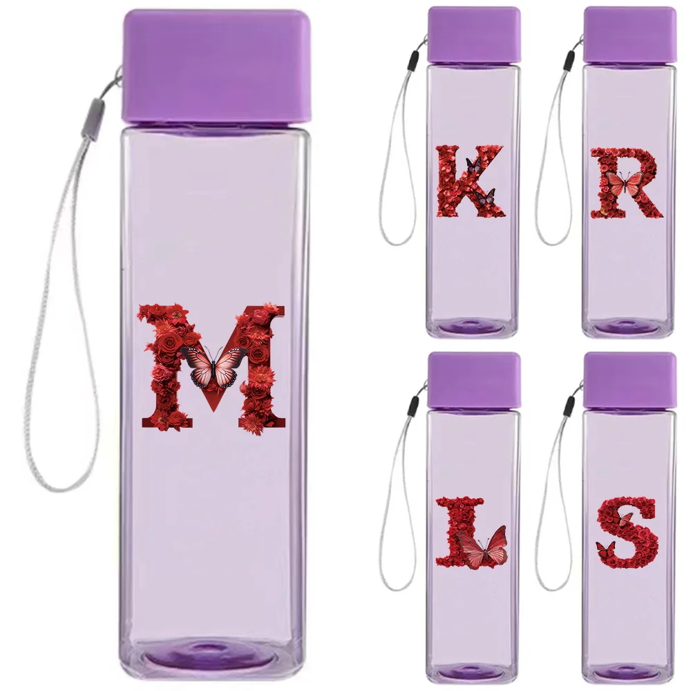 

Portable Square Water Bottle With Lanyard 500ml Transparent Purple Plastic Cup For Travel Gym Daily Essentials Red Rose Pattern